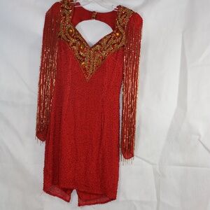 100% Silk Beaded/Sequins  Red Long Sleeve Dress SZ 6